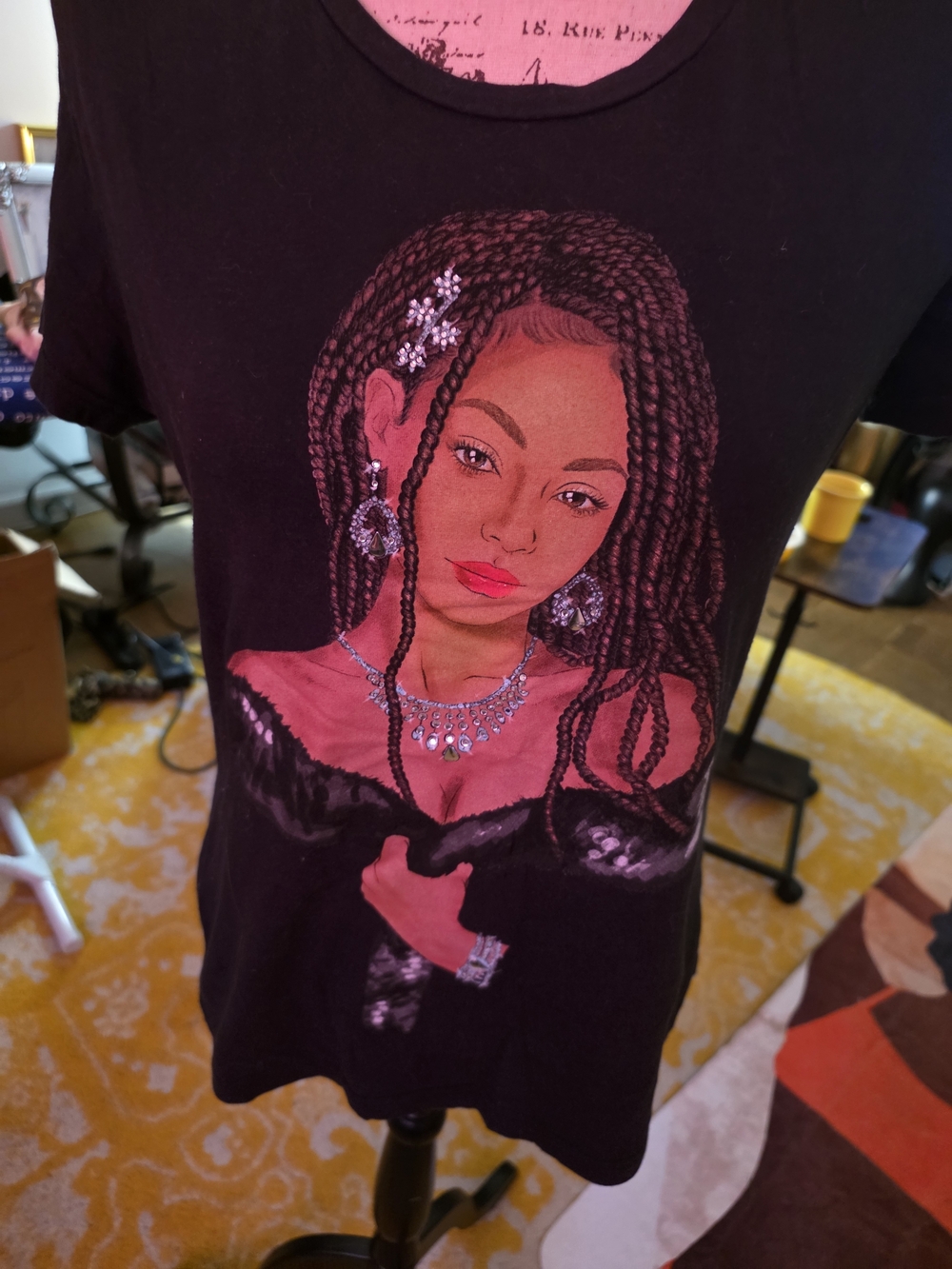 Black Short Sleeve Graphic Tee with Braided Portrait